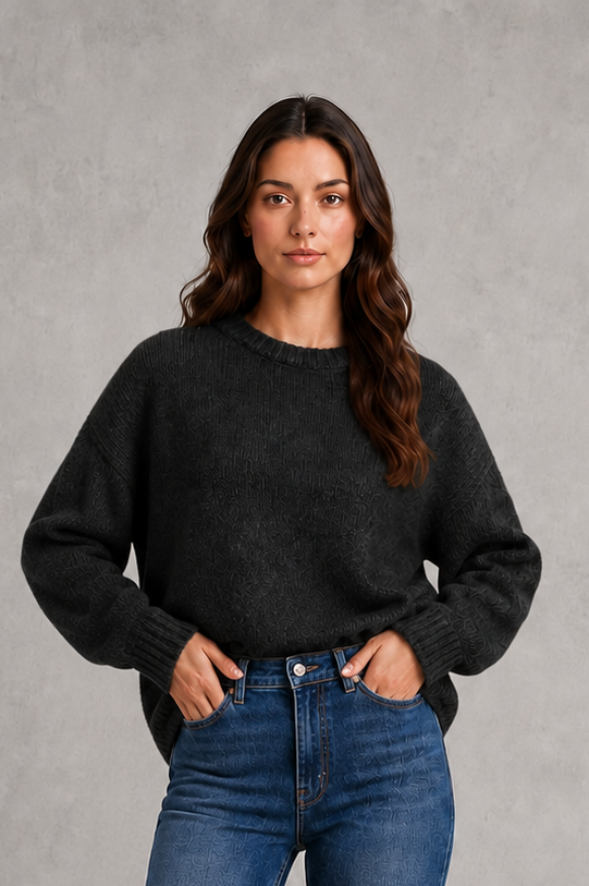 Women’s light gray oversized crew neck knit sweater with dropped shoulders, wide long sleeves, and a relaxed slouchy pullover silhouette.