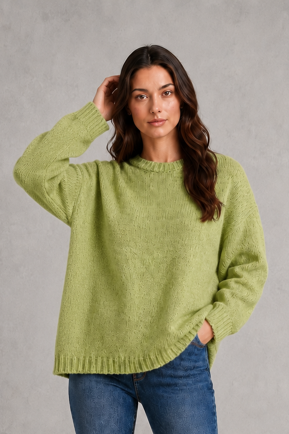 Women’s light gray oversized crew neck knit sweater with dropped shoulders, wide long sleeves, and a relaxed slouchy pullover silhouette.