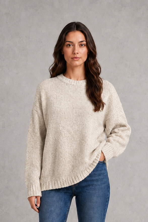 Women’s light gray oversized crew neck knit sweater with dropped shoulders, wide long sleeves, and a relaxed slouchy pullover silhouette.