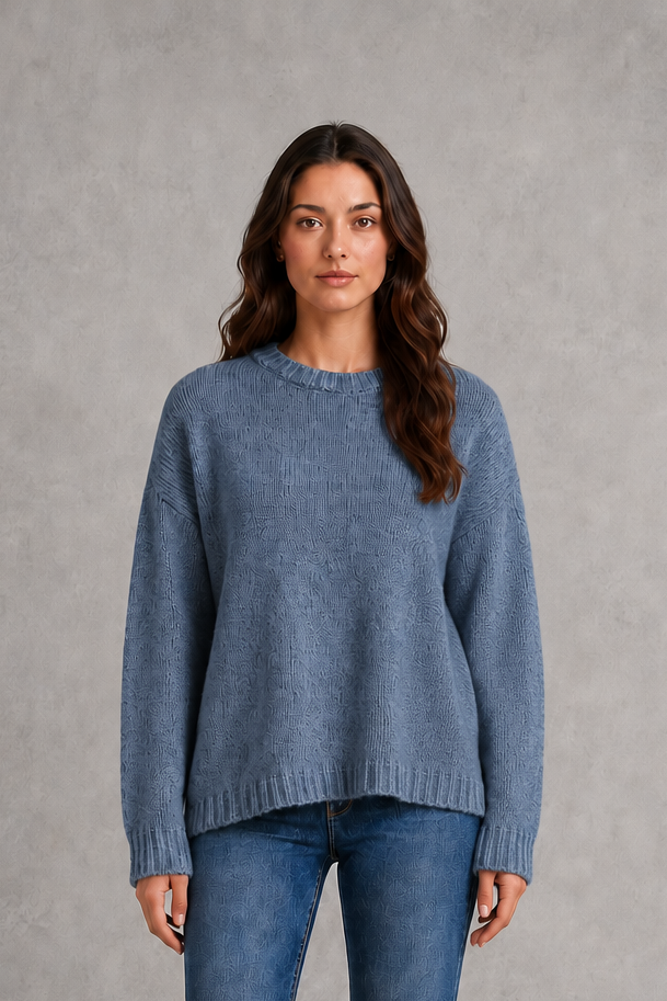 Women’s light gray oversized crew neck knit sweater with dropped shoulders, wide long sleeves, and a relaxed slouchy pullover silhouette.