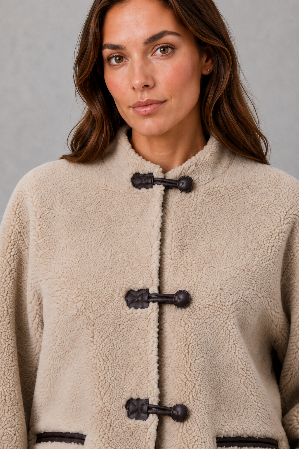 Women’s oversized faux fur toggle jacket with a soft plush texture, contrast trim, classic toggle closures, and two functional front pockets.