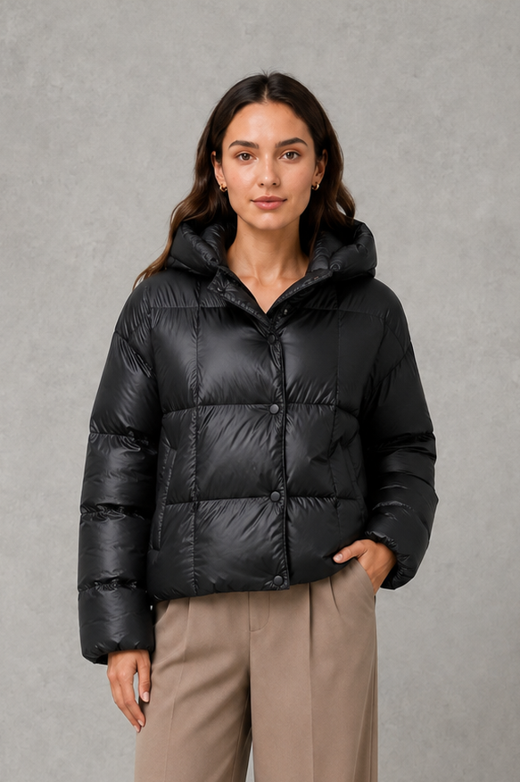 Women’s oversized hooded puffer jacket with generous padding, a large protective hood, high collar and wide long sleeves for cozy cold-weather coverage.