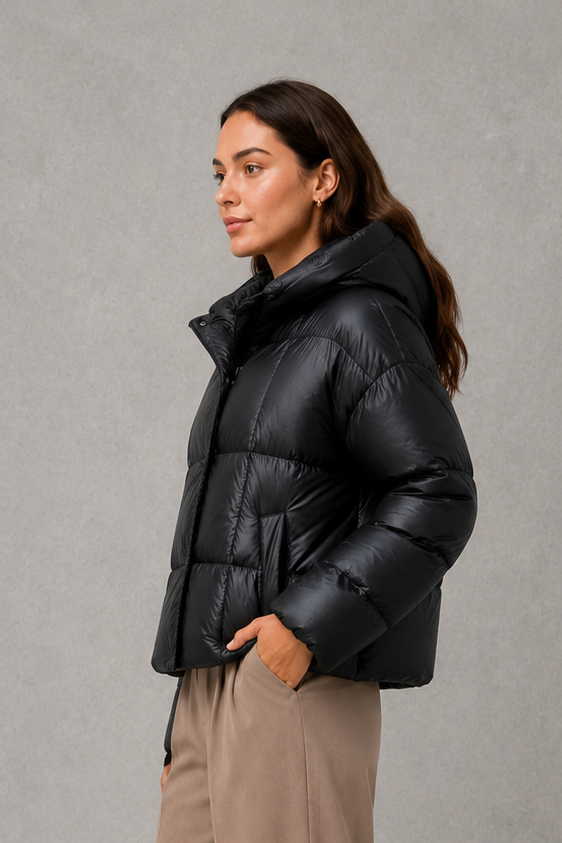 Women’s oversized hooded puffer jacket with generous padding, a large protective hood, high collar and wide long sleeves for cozy cold-weather coverage.