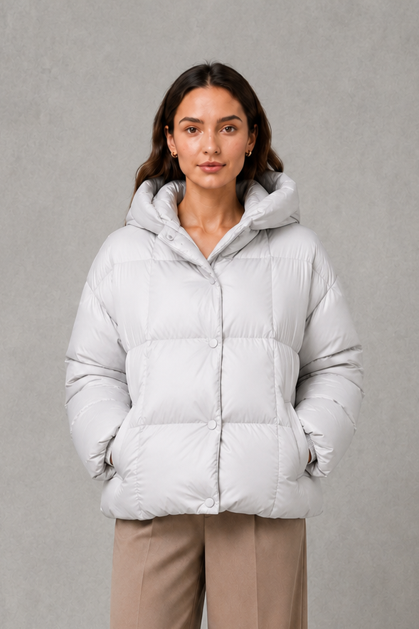Women’s oversized hooded puffer jacket with generous padding, a large protective hood, high collar and wide long sleeves for cozy cold-weather coverage.
