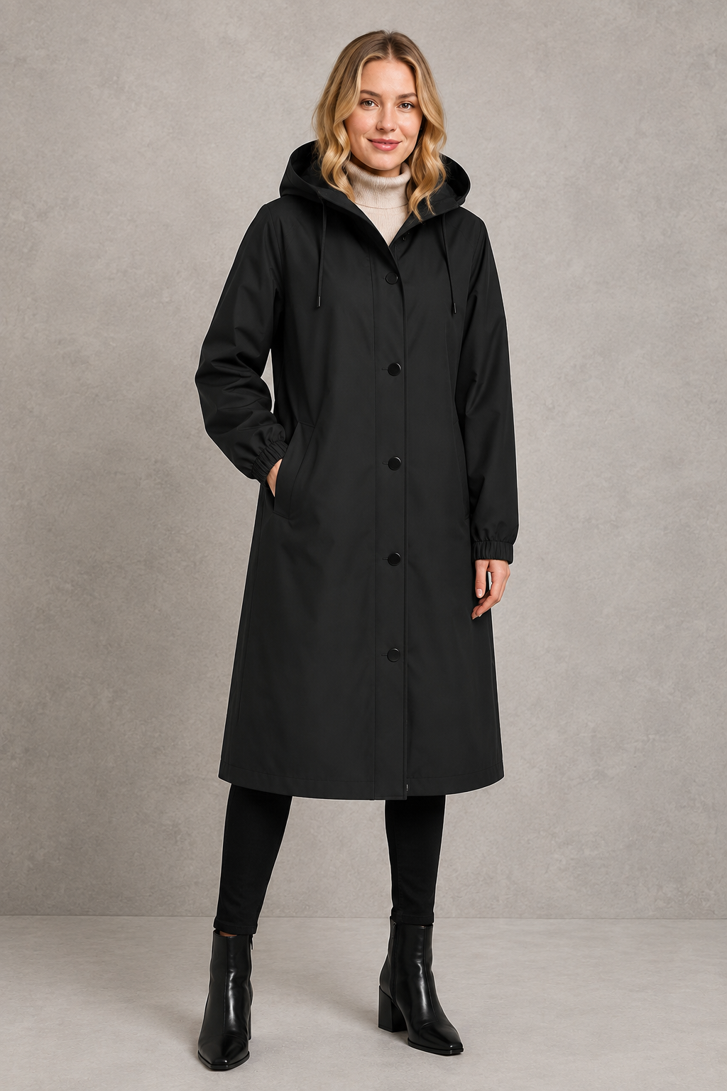 Women’s oversized hooded rain trench with a relaxed longline silhouette, adjustable drawstring hood and lightweight water-repellent finish.