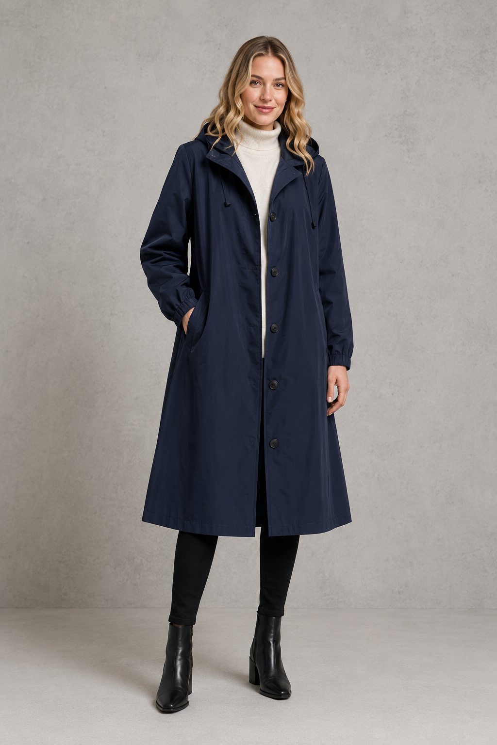 Women’s oversized hooded rain trench with a relaxed longline silhouette, adjustable drawstring hood and lightweight water-repellent finish.