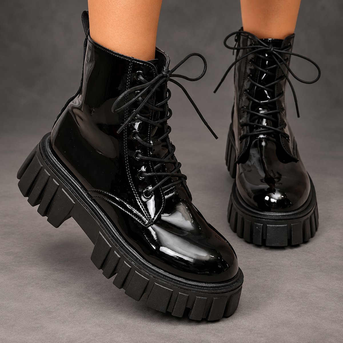 Women's Patent-Look Chunky Platform Boots – Black