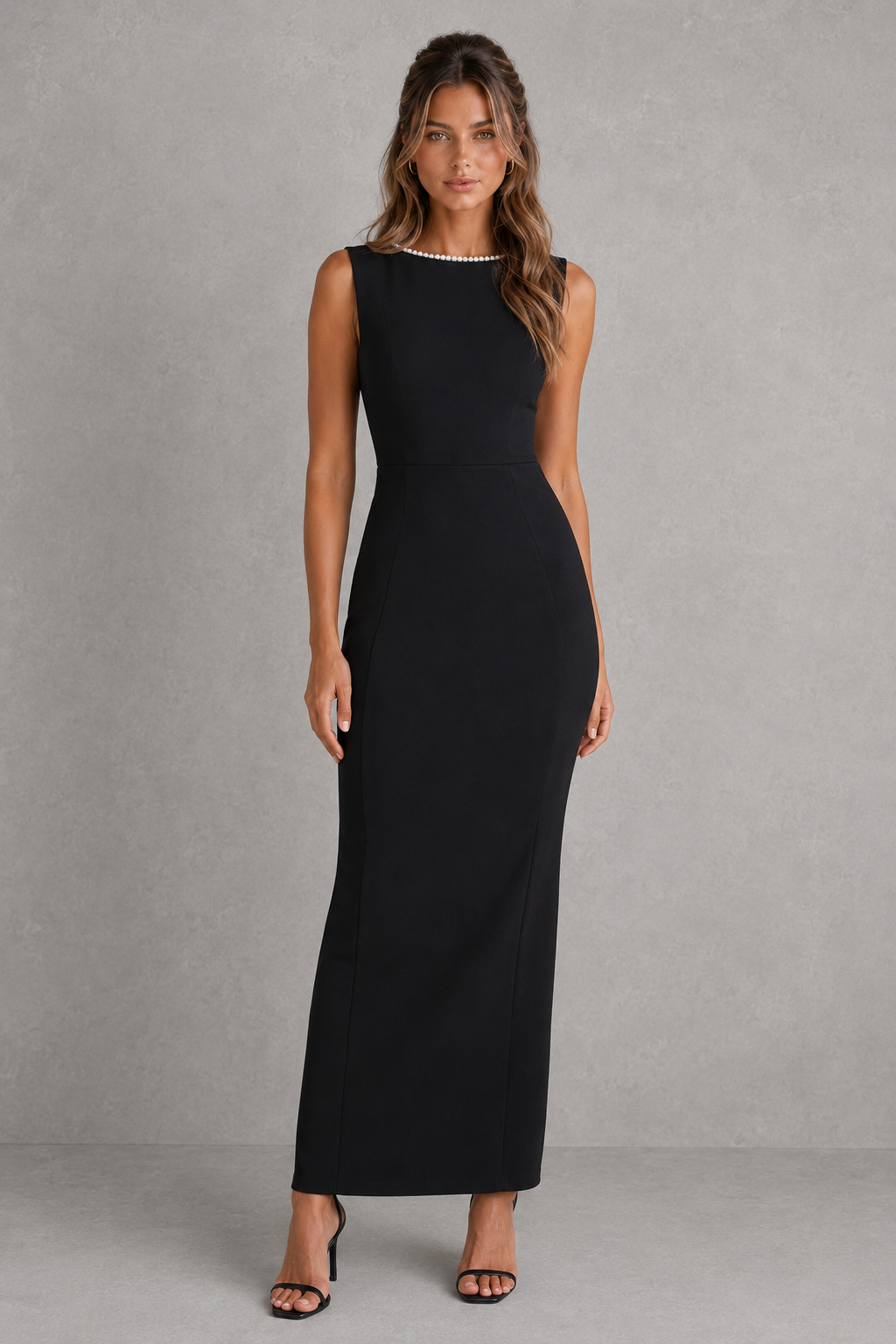 Women's pearl trim midaxi dress in premium non-stretch crepe with a high boat neckline, fitted bodice, sleek column skirt, detachable oversized back bow, pearl embellishments, and centre-back split for evening and formal occasions.