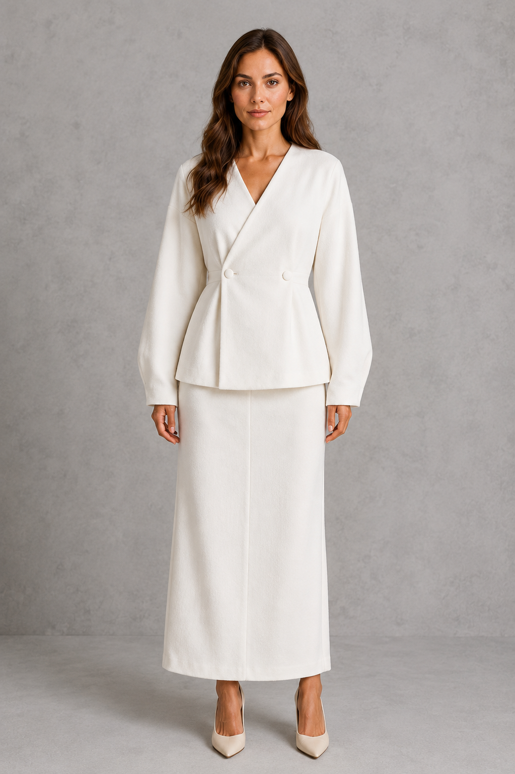 Women’s peplum jacket and maxi skirt set with a deep V-neck, fitted waist, double-button detail, voluminous sleeves, and coordinating pencil skirt.