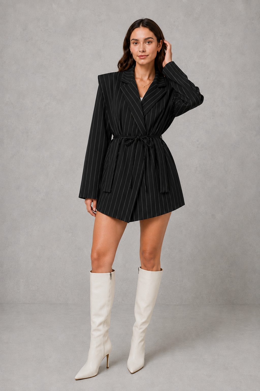 Women’s pinstripe belted longline blazer with structured shoulders, classic lapels, fine vertical stripes, long sleeves, and an adjustable self-tie waist.