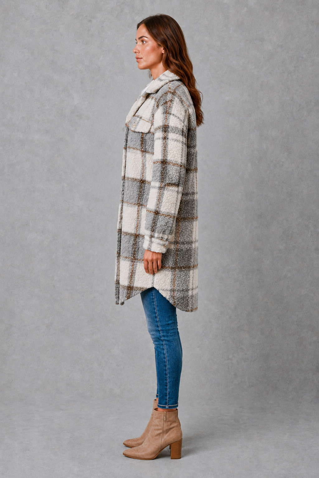 Women’s plaid plush teddy jacket with a soft sherpa-style texture, classic plaid pattern, button-front closure, and relaxed fit for comfortable layering.