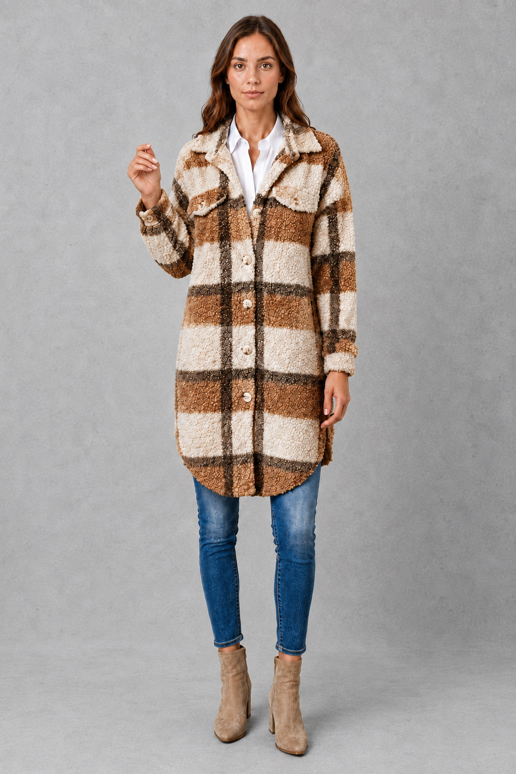 Women’s plaid plush teddy jacket with a soft sherpa-style texture, classic plaid pattern, button-front closure, and relaxed fit for comfortable layering.