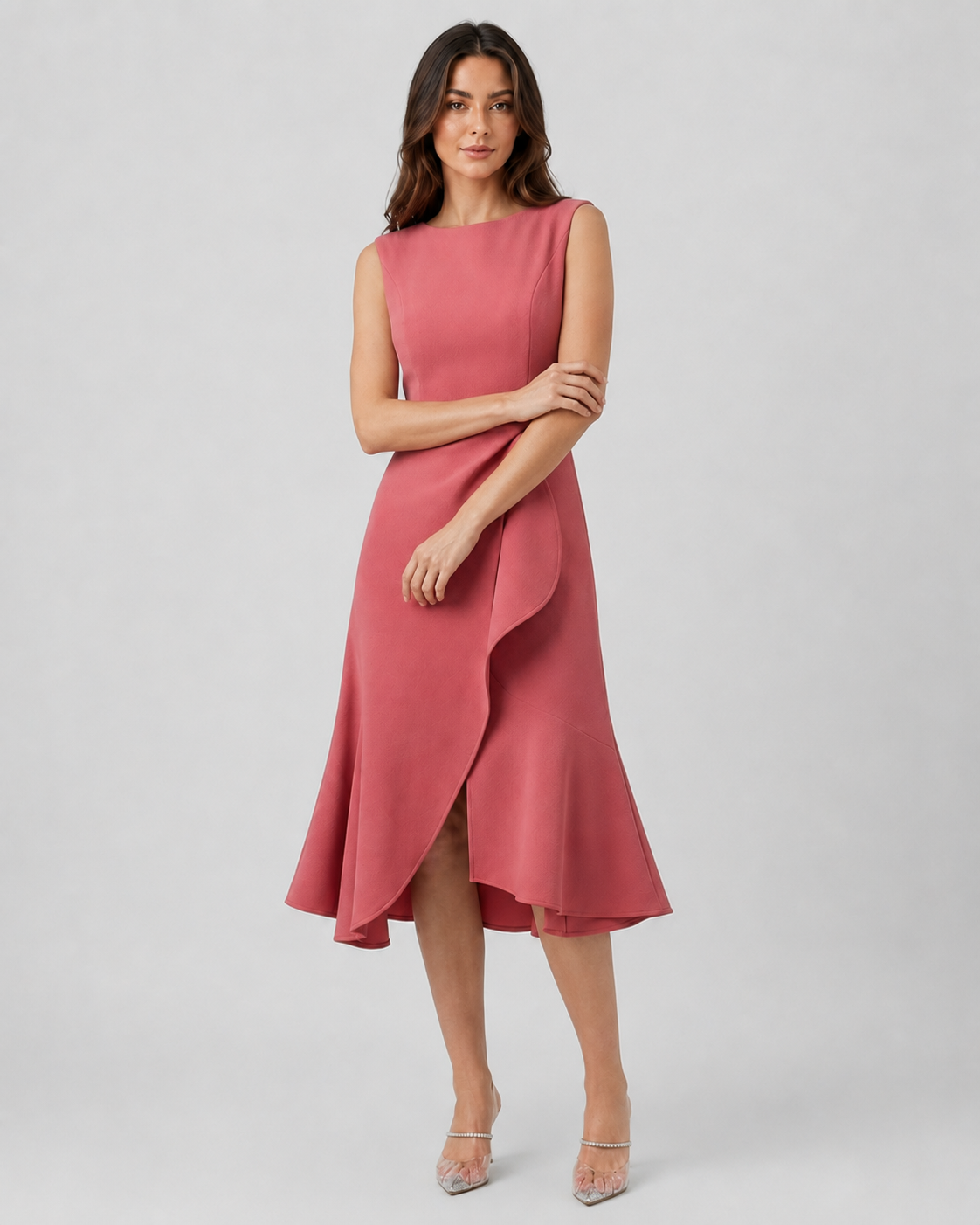 Women’s sleeveless pleated midi evening dress featuring a tailored waist and flowing pleated skirt. Designed in a slip-on style with a structured fitted bodice and elegant midi-length silhouette. Available in Red, Navy Blue, Pink, Light Blue, Purple, and Green, in sizes S–3XL.