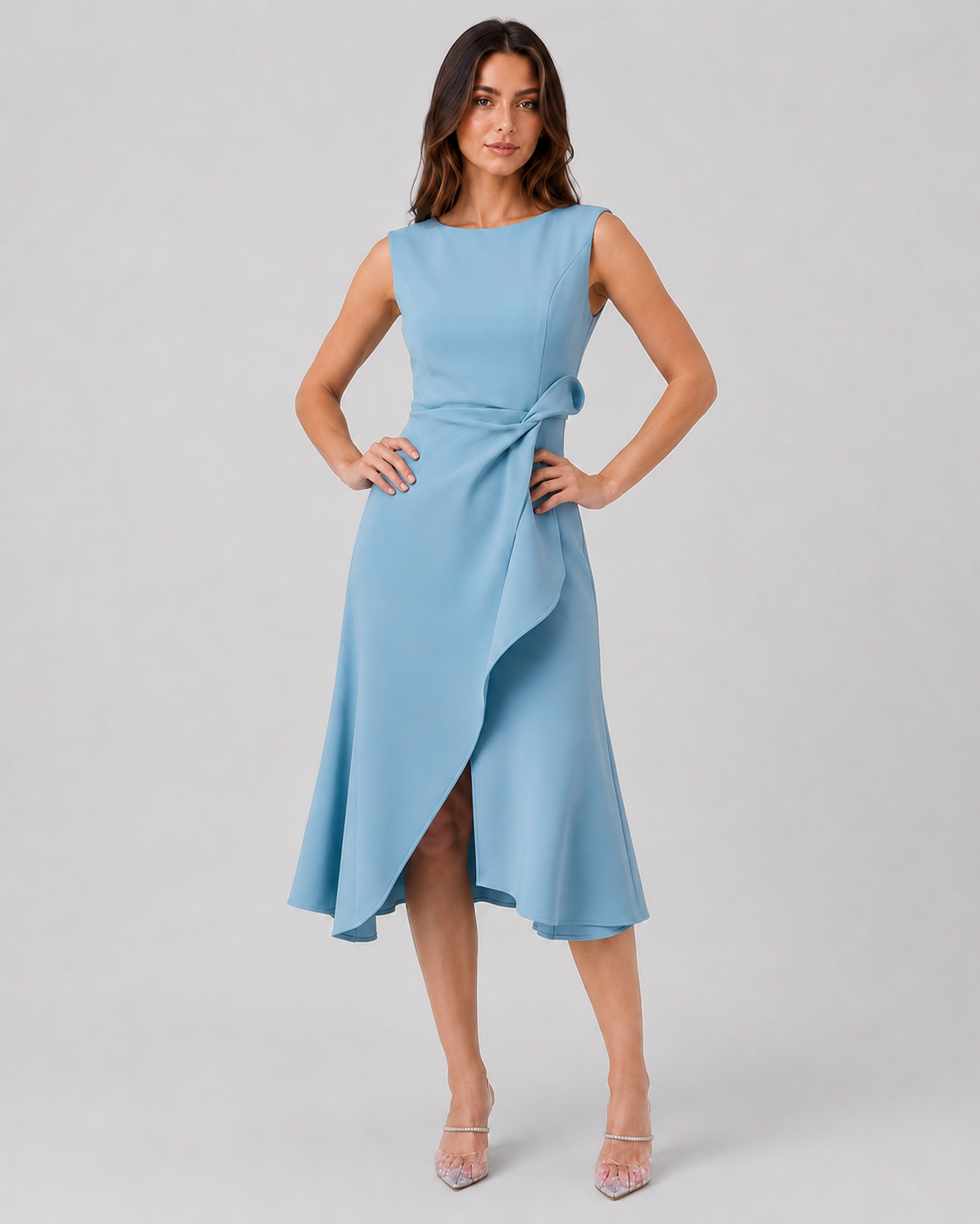 Women’s sleeveless pleated midi evening dress featuring a tailored waist and flowing pleated skirt. Designed in a slip-on style with a structured fitted bodice and elegant midi-length silhouette. Available in Red, Navy Blue, Pink, Light Blue, Purple, and Green, in sizes S–3XL.