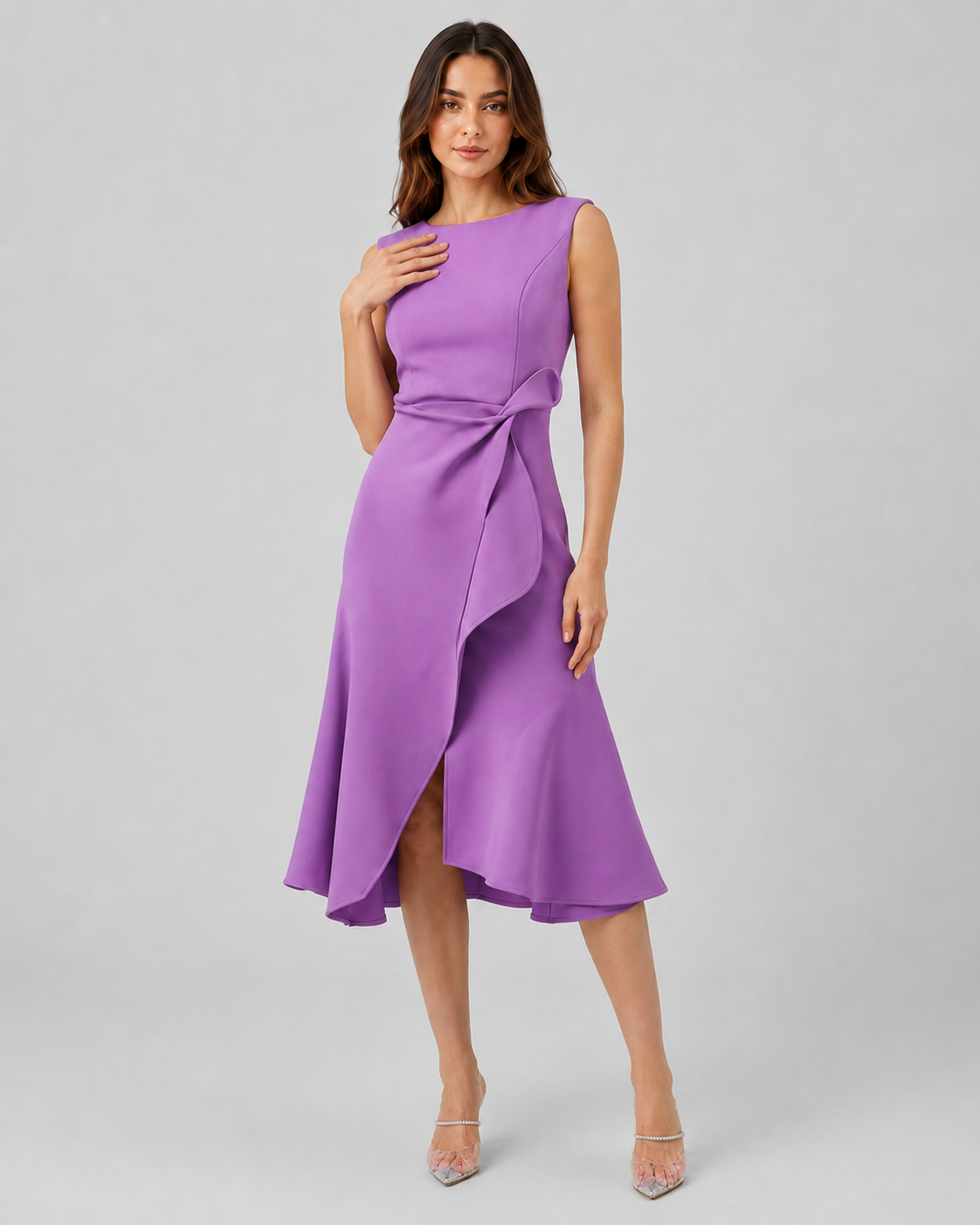 Women’s sleeveless pleated midi evening dress featuring a tailored waist and flowing pleated skirt. Designed in a slip-on style with a structured fitted bodice and elegant midi-length silhouette. Available in Red, Navy Blue, Pink, Light Blue, Purple, and Green, in sizes S–3XL.