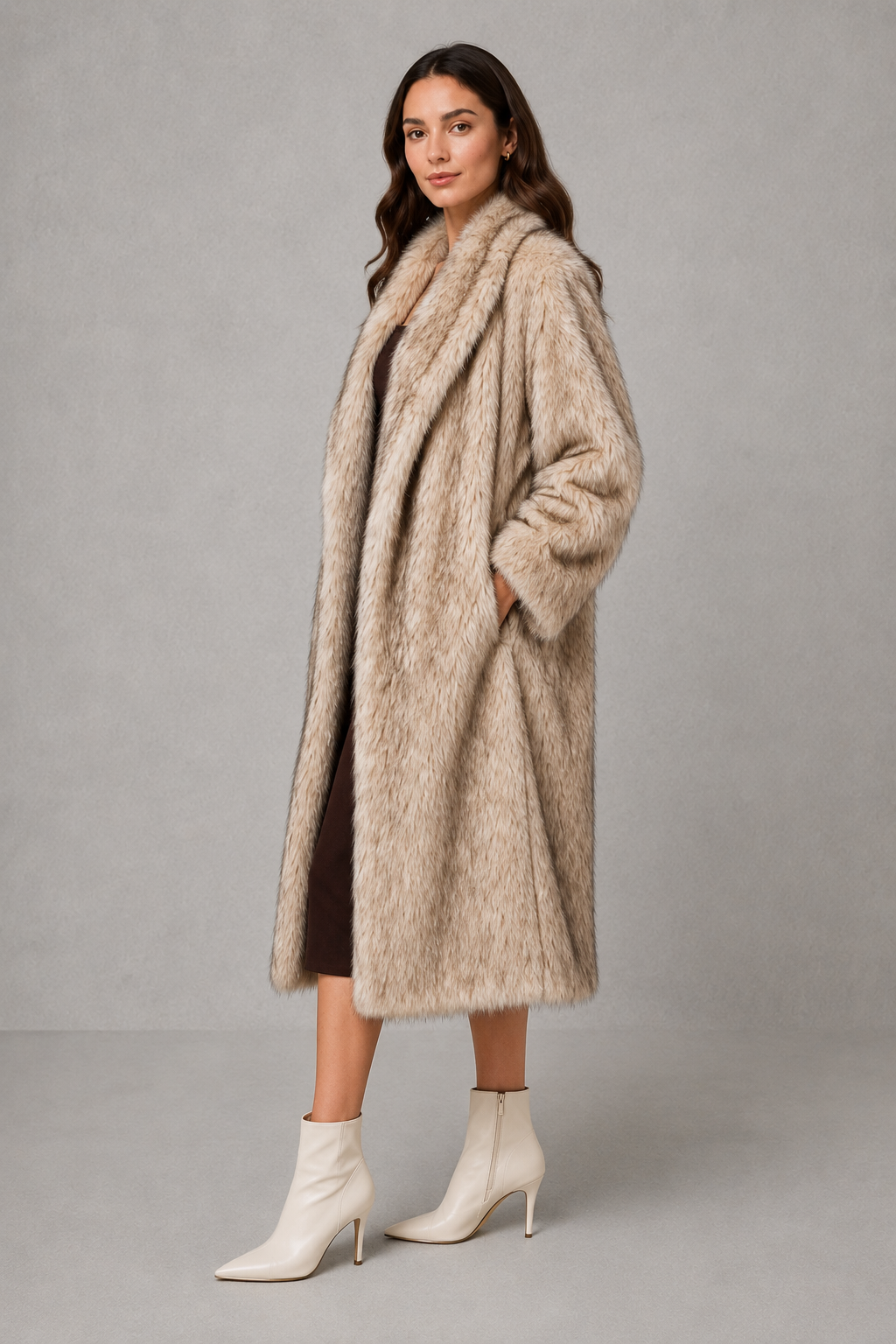 Women’s plush faux fur coat with a soft fluffy texture, voluminous statement silhouette, relaxed fit, and luxurious cold-weather finish.