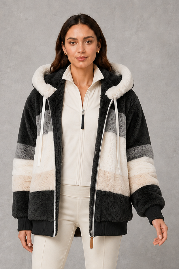 Women’s plush faux fur hooded coat with soft textured panels, rib-knit cuffs and a relaxed feminine silhouette for cozy cold-weather wear.