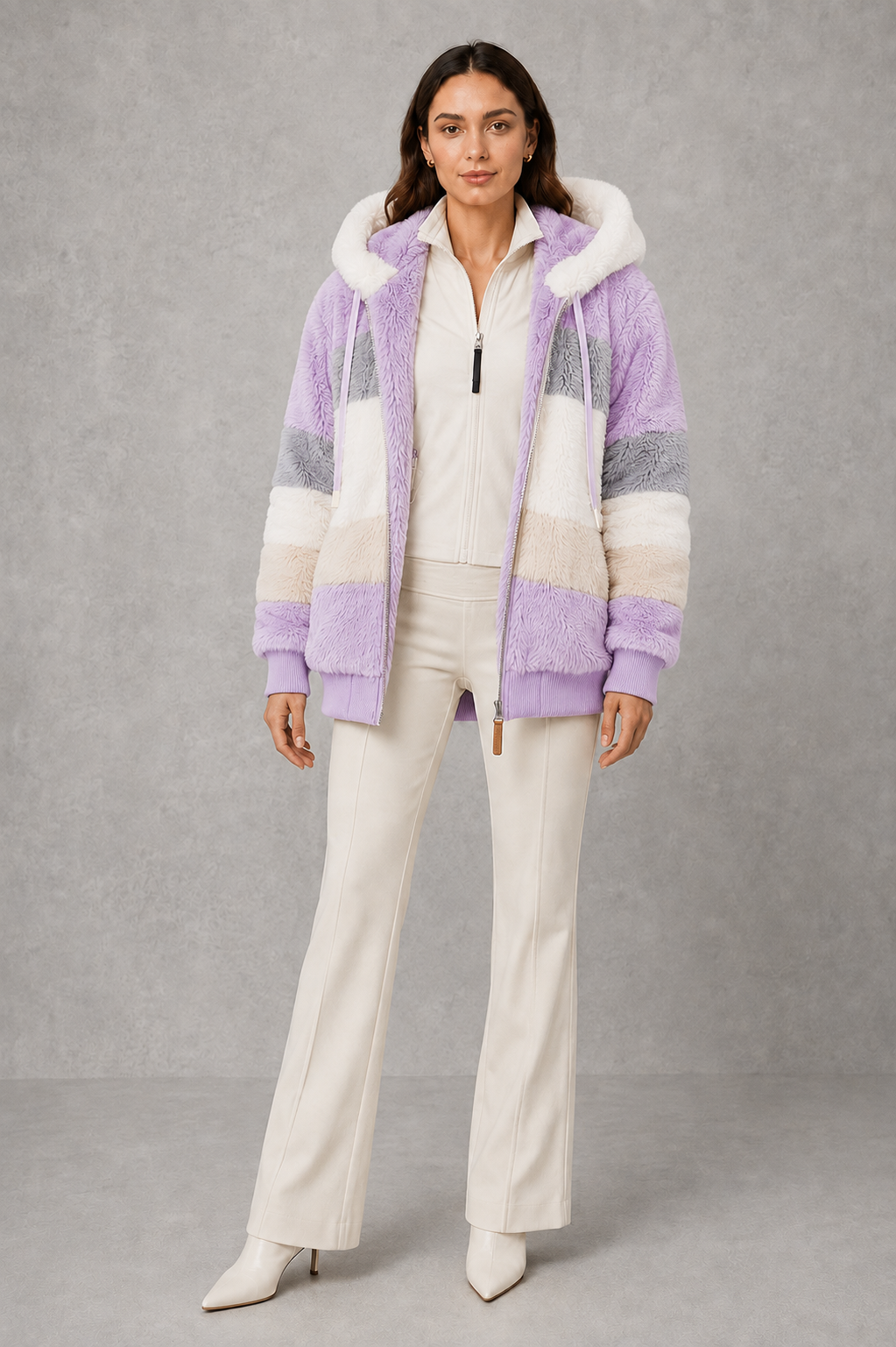 Women’s plush faux fur hooded coat with soft textured panels, rib-knit cuffs and a relaxed feminine silhouette for cozy cold-weather wear.