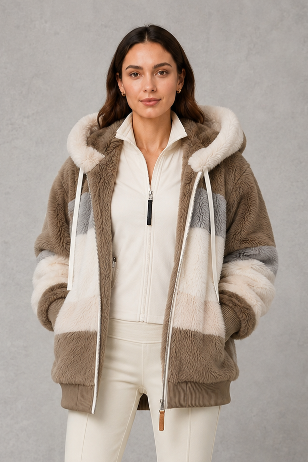 Women’s plush faux fur hooded coat with soft textured panels, rib-knit cuffs and a relaxed feminine silhouette for cozy cold-weather wear.