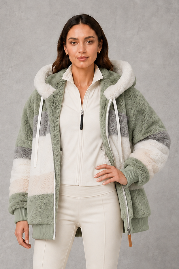 Women’s plush faux fur hooded coat with soft textured panels, rib-knit cuffs and a relaxed feminine silhouette for cozy cold-weather wear.