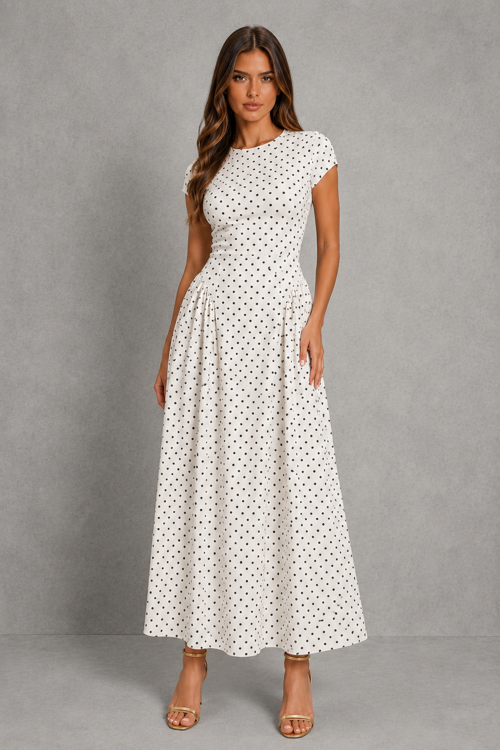 Women's polka dot maxi dress with a high round neckline, cap sleeves, fitted bodice, defined waist, and flowing pleated A-line skirt, ideal for weddings and special occasions.