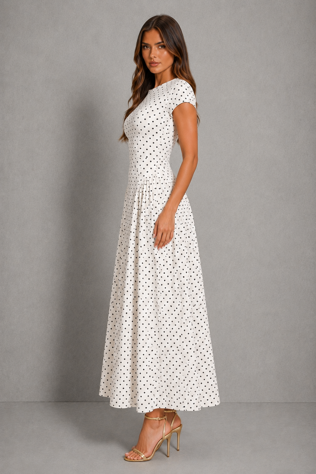 Women's polka dot maxi dress with a high round neckline, cap sleeves, fitted bodice, defined waist, and flowing pleated A-line skirt, ideal for weddings and special occasions.