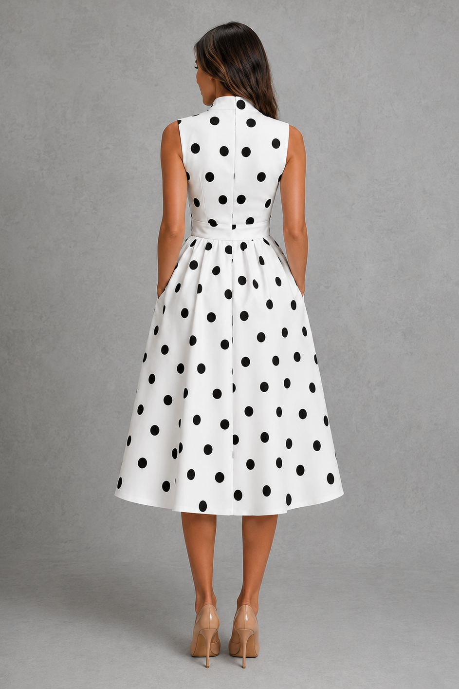 Women's black and white polka dot midi dress with a sleeveless V-neck, adjustable waist tie, and flowing fit-and-flare skirt, perfect for summer occasions, garden parties, and elegant daytime events.