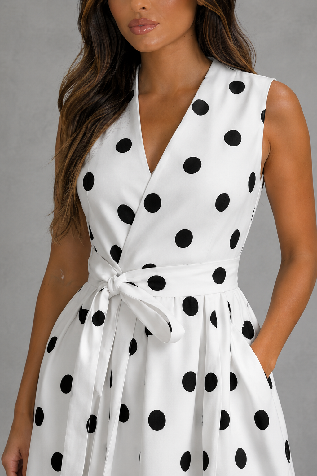 Women's black and white polka dot midi dress with a sleeveless V-neck, adjustable waist tie, and flowing fit-and-flare skirt, perfect for summer occasions, garden parties, and elegant daytime events.
