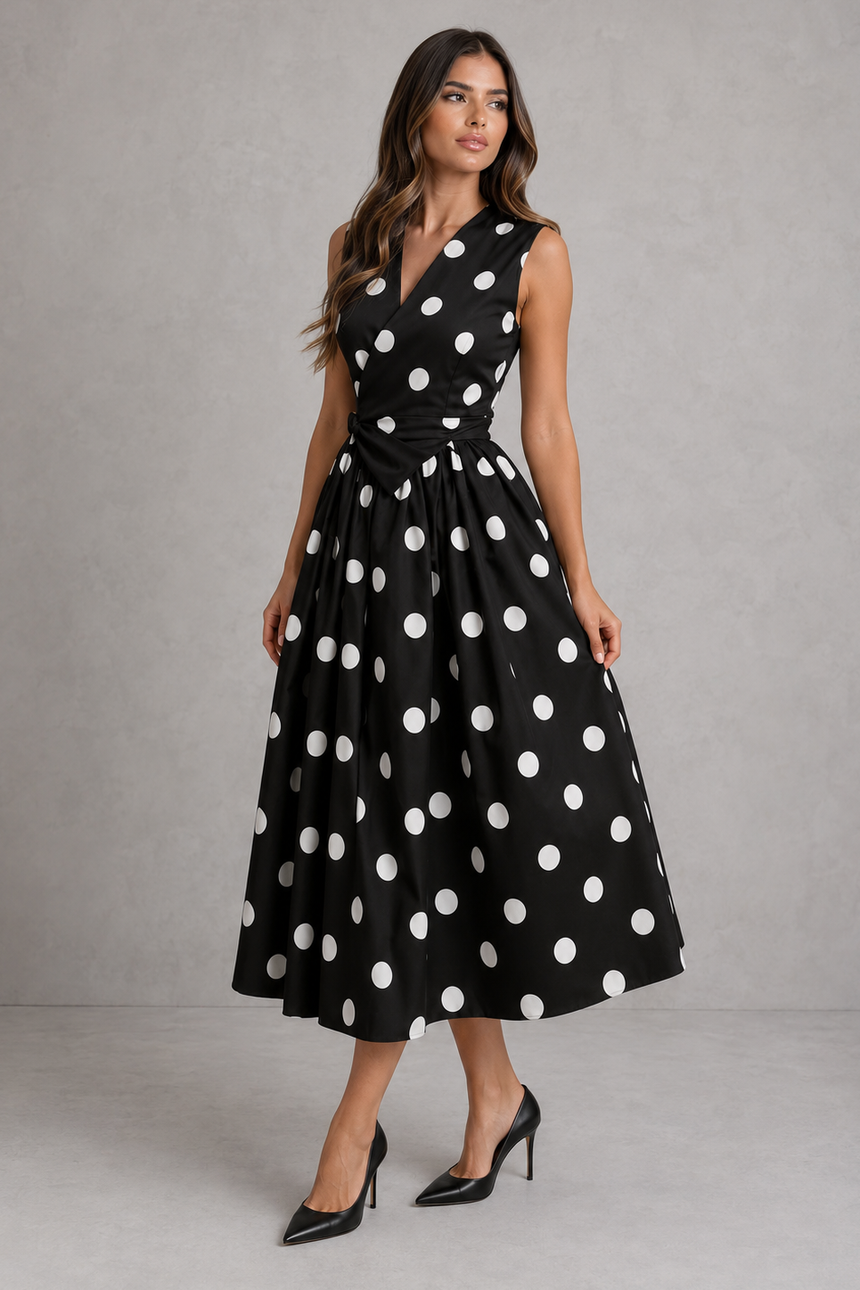 Women's black and white polka dot midi dress with a sleeveless V-neck, adjustable waist tie, and flowing fit-and-flare skirt, perfect for summer occasions, garden parties, and elegant daytime events.