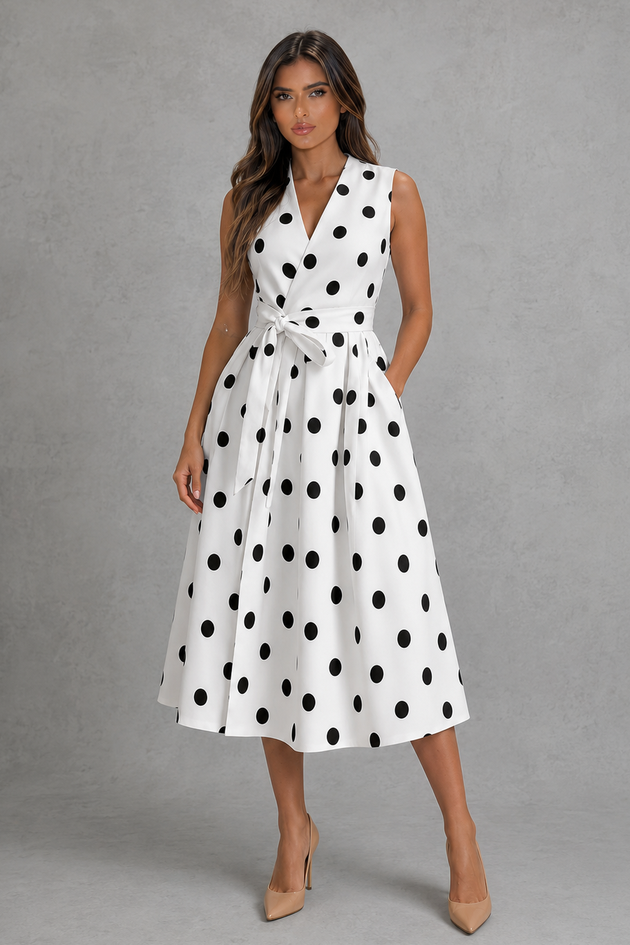 Women's black and white polka dot midi dress with a sleeveless V-neck, adjustable waist tie, and flowing fit-and-flare skirt, perfect for summer occasions, garden parties, and elegant daytime events.