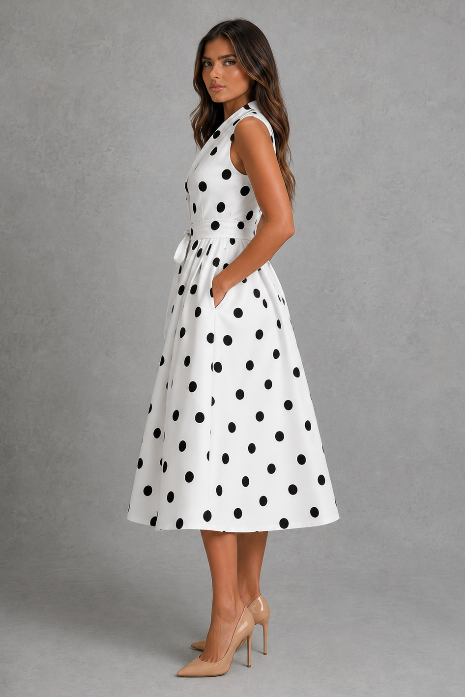 Women's black and white polka dot midi dress with a sleeveless V-neck, adjustable waist tie, and flowing fit-and-flare skirt, perfect for summer occasions, garden parties, and elegant daytime events.