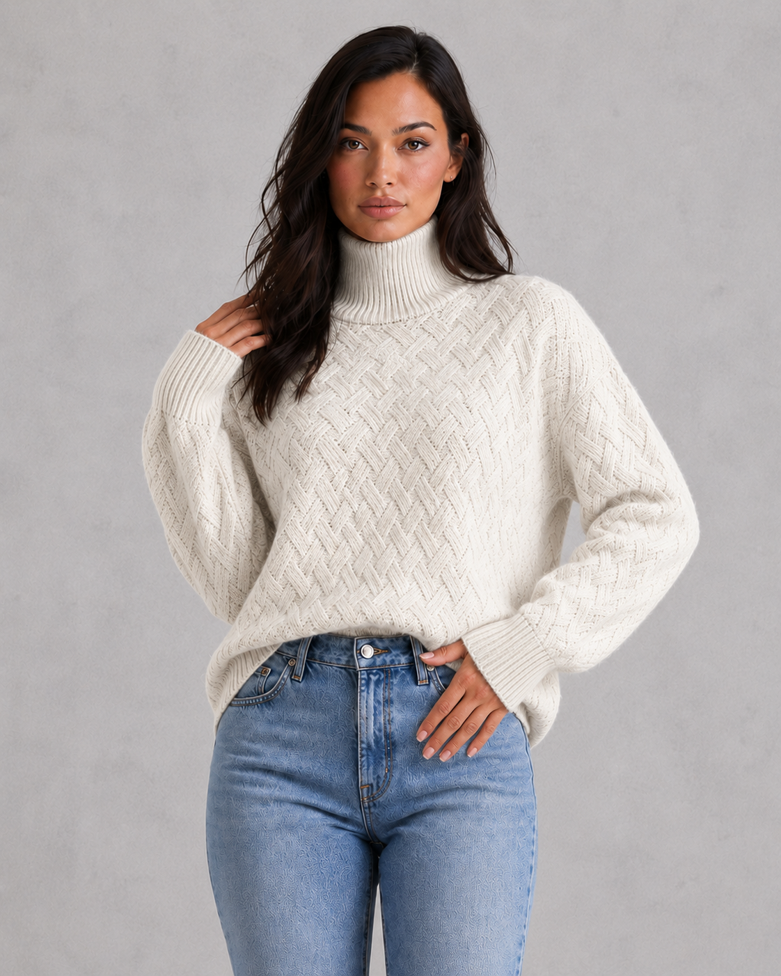 Women's cashmere chainette turtleneck sweater in a soft-touch knit with a classic high neckline and luxurious autumn-winter styling.
