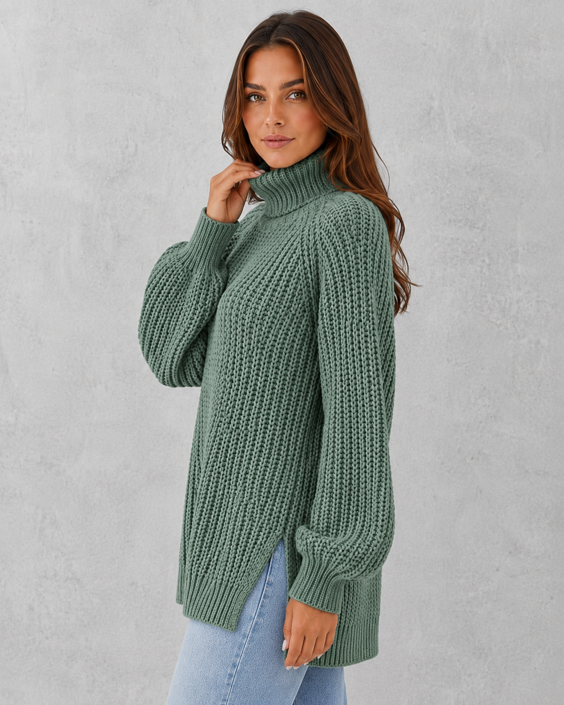 Women's lavender textured knit turtleneck sweater with a soft cozy fit and elegant cold-weather styling