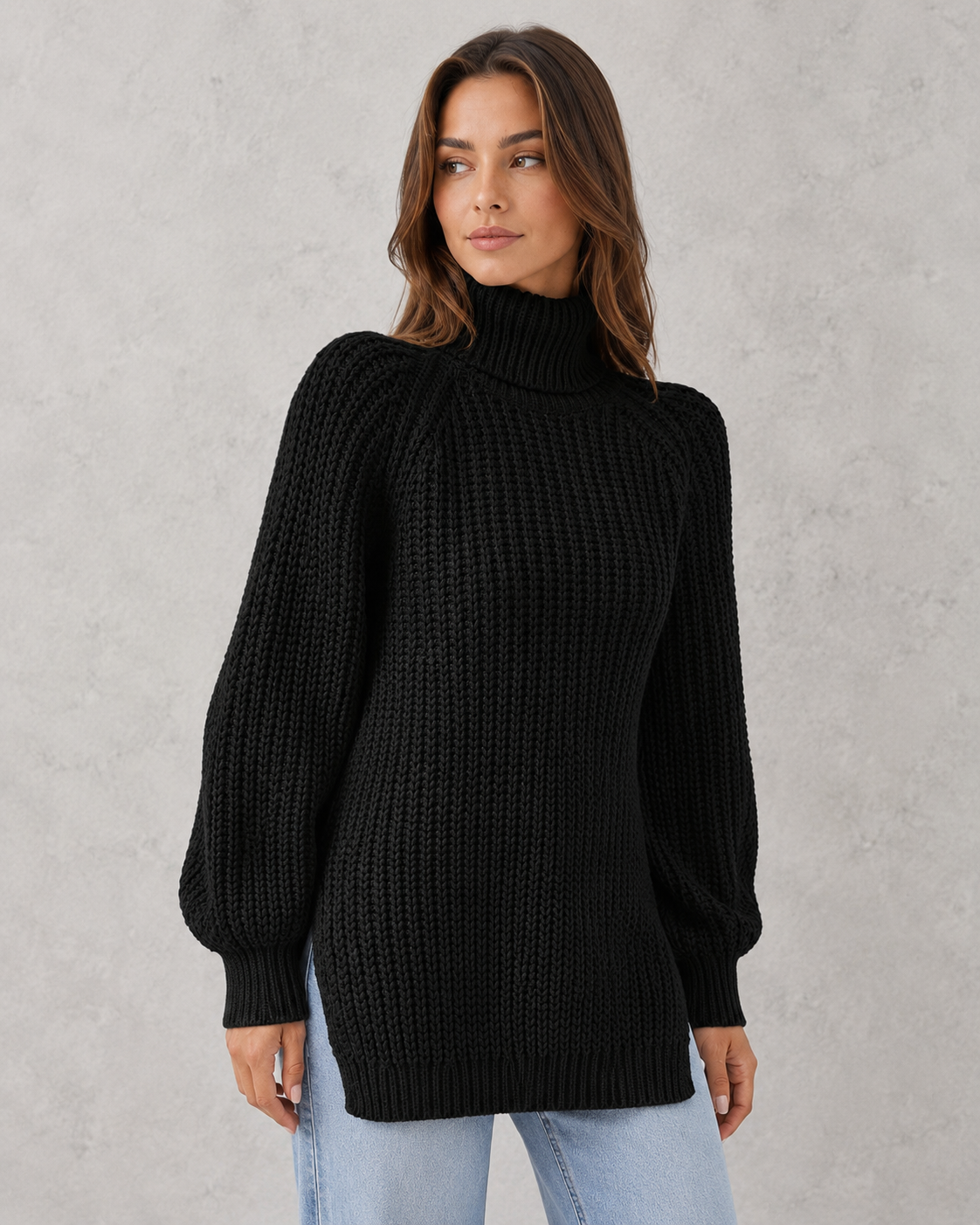 Women's lavender textured knit turtleneck sweater with a soft cozy fit and elegant cold-weather styling