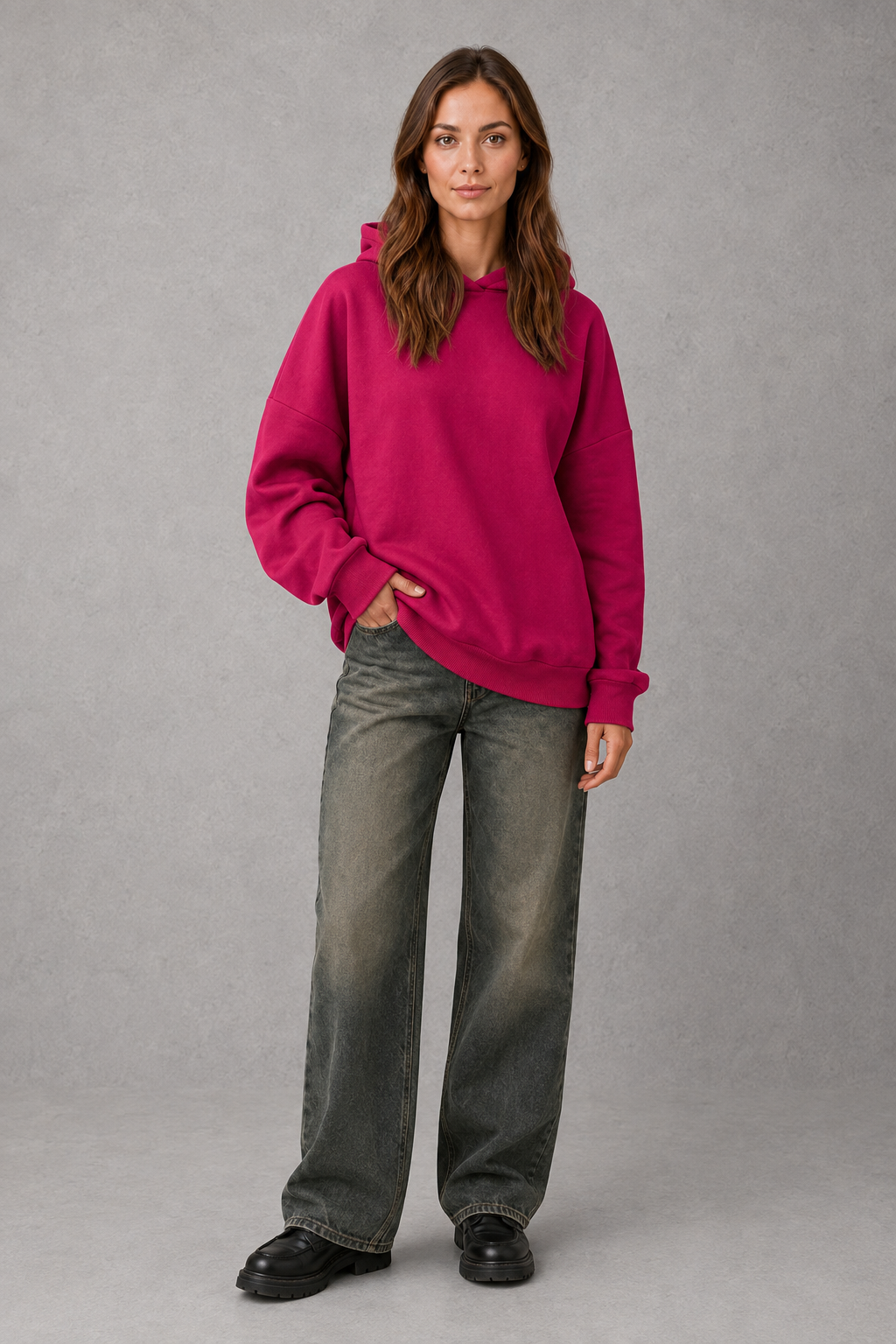 Women’s relaxed fleece pullover hoodie with a soft cotton-blend construction, classic hood, long sleeves and ribbed cuffs and hem.