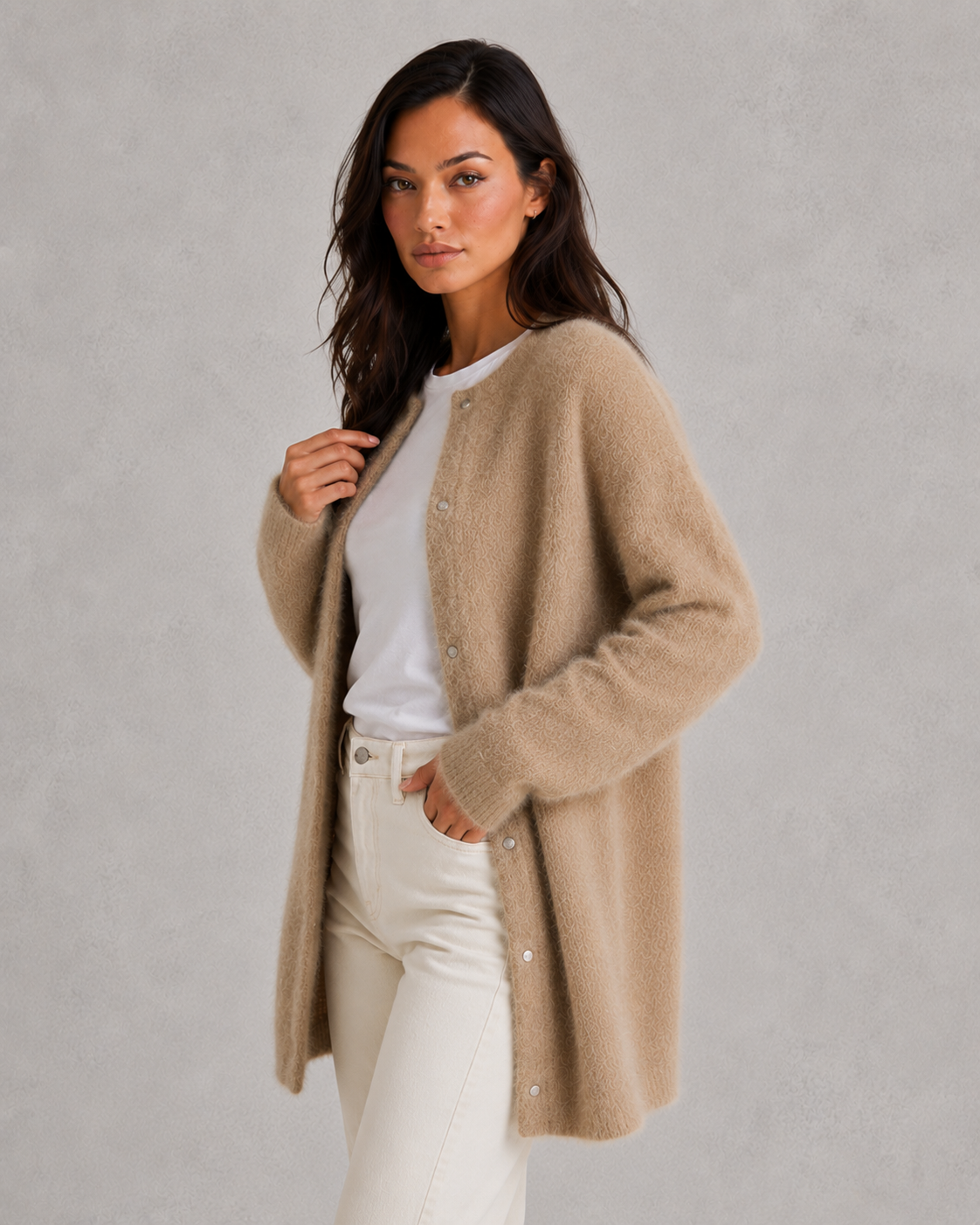 Women's relaxed-fit soft knit cardigan in a classic design with elegant drape and comfortable everyday styling.