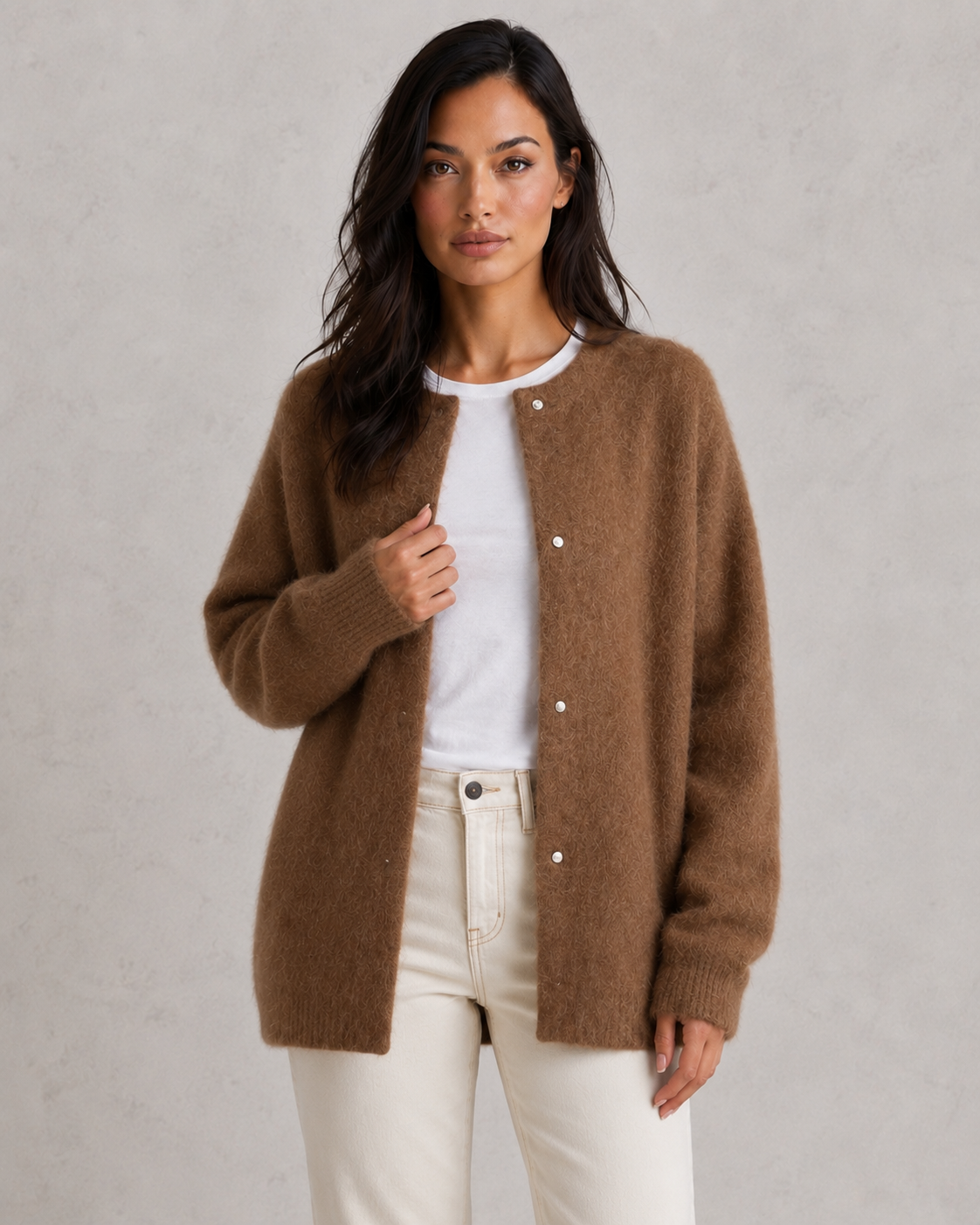 Women's relaxed-fit soft knit cardigan in a classic design with elegant drape and comfortable everyday styling.