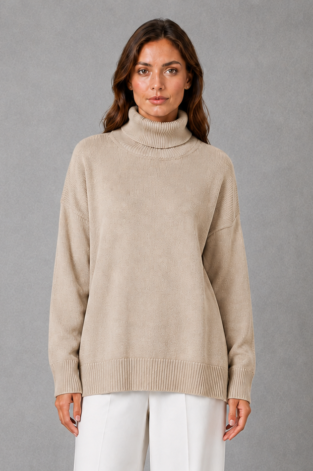 Women’s relaxed turtleneck sweater with a cozy high neckline, loose-fitting silhouette and soft stretch-knit construction for everyday wear.