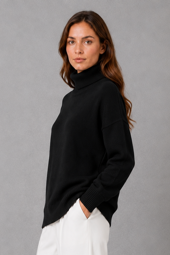 Women’s relaxed turtleneck sweater with a cozy high neckline, loose-fitting silhouette and soft stretch-knit construction for everyday wear.