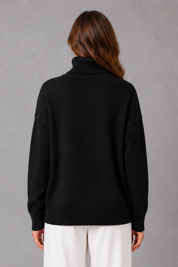 Women’s relaxed turtleneck sweater with a cozy high neckline, loose-fitting silhouette and soft stretch-knit construction for everyday wear.