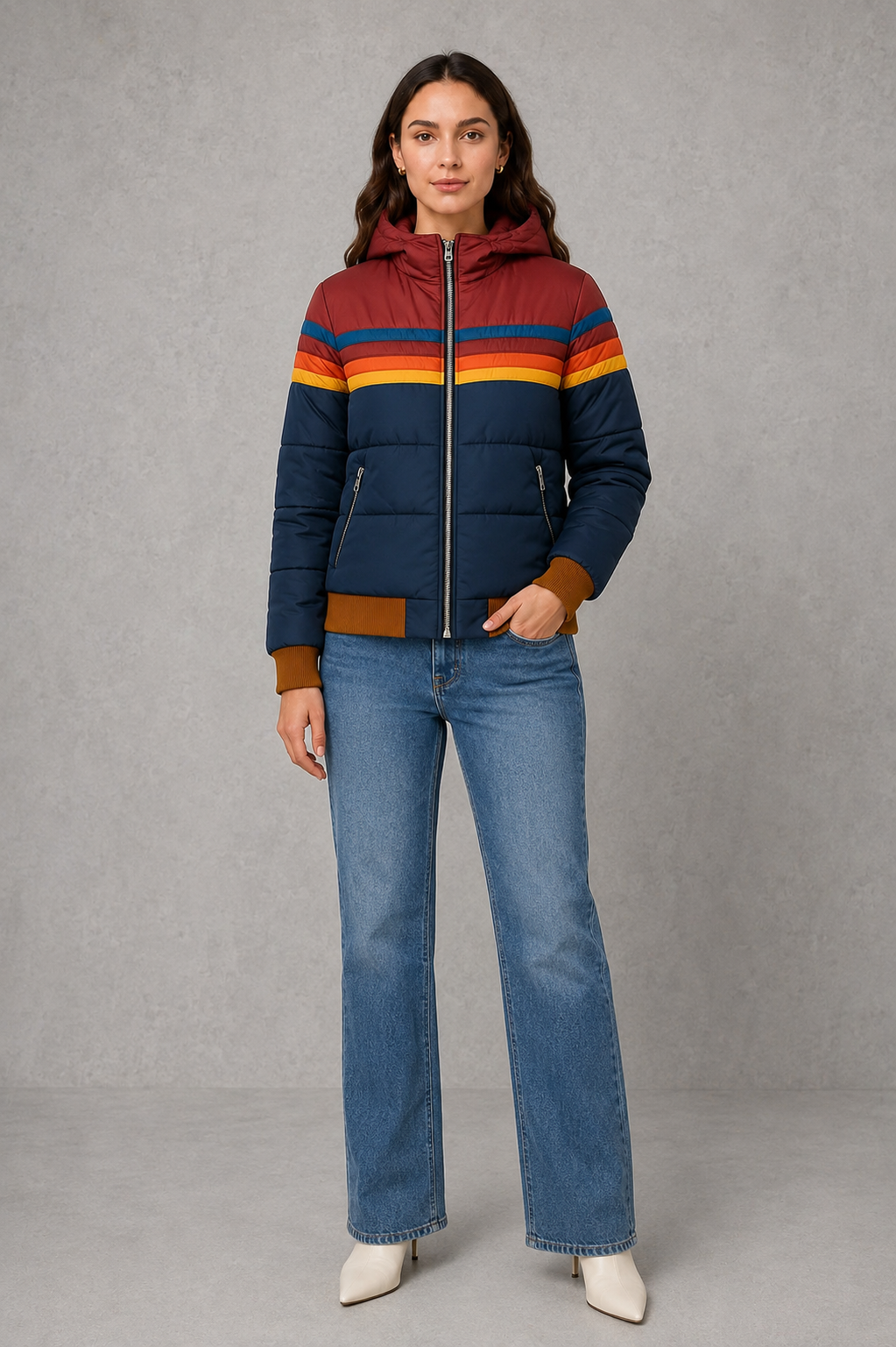 Women’s retro quilted padded jacket with a textured finish, relaxed silhouette and lightweight insulation for cozy everyday cold-weather wear.
