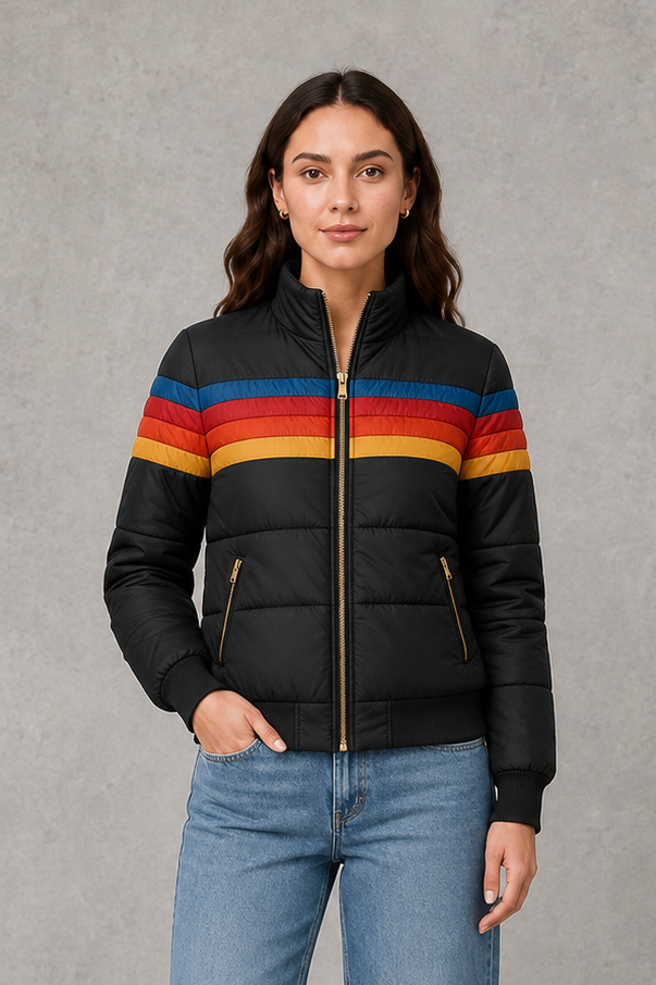 Women’s retro quilted padded jacket with a textured finish, relaxed silhouette and lightweight insulation for cozy everyday cold-weather wear.