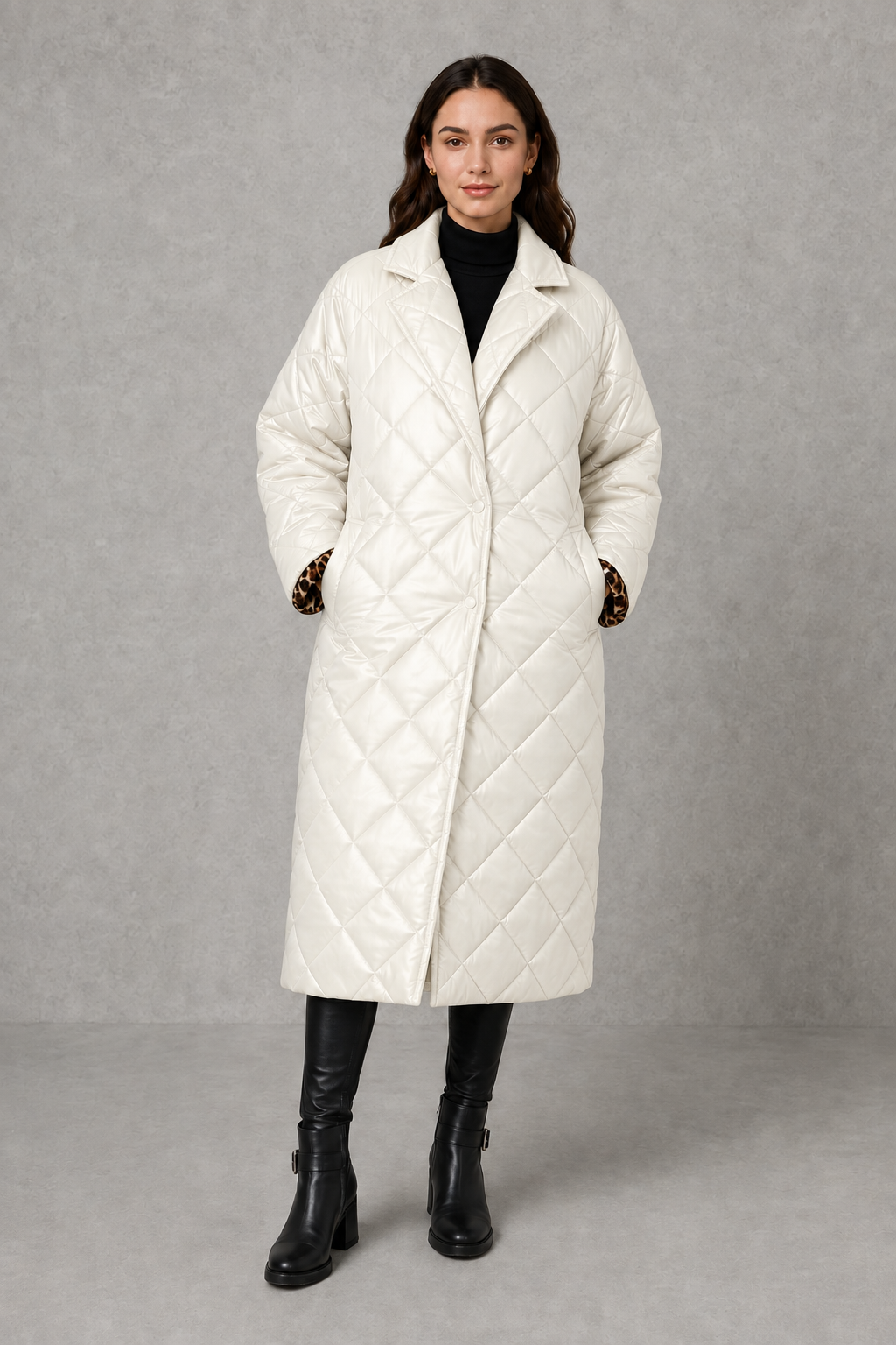 Women’s reversible quilted leopard coat with a 2-in-1 design, lightweight padding, classic lapel, hidden snap closures, and practical side pockets.