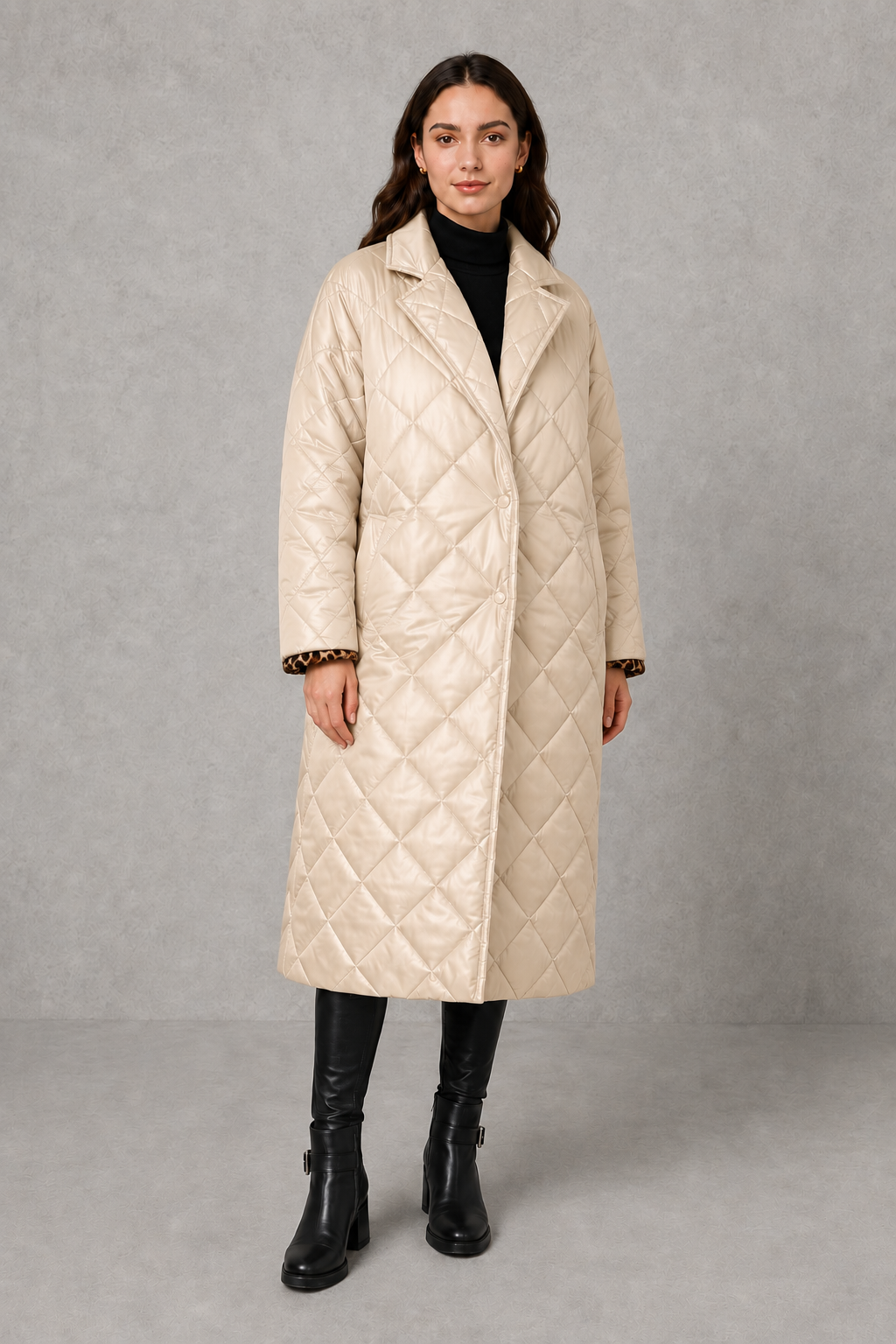 Women’s reversible quilted leopard coat with a 2-in-1 design, lightweight padding, classic lapel, hidden snap closures, and practical side pockets.