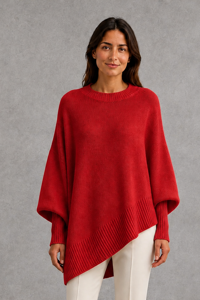 Women’s ribbed mock neck sweater with long sleeves, a relaxed softly draped silhouette and classic solid-color knitted design.