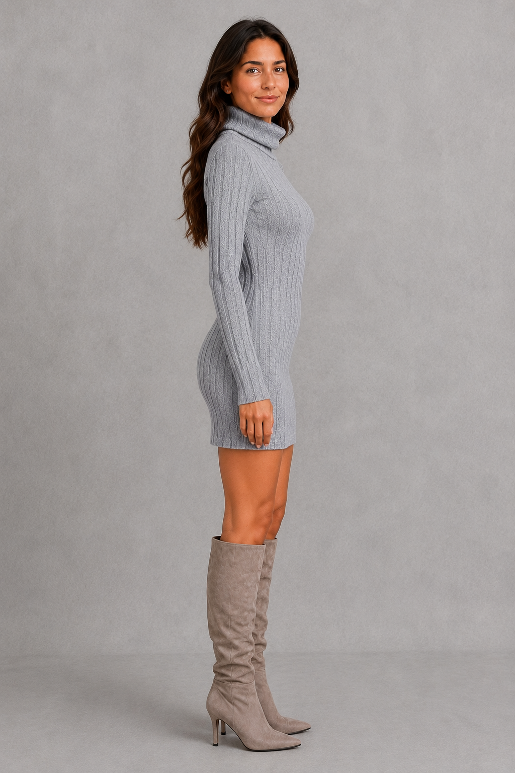 Women’s ribbed turtleneck mini dress with long sleeves, vertical knit detailing and a fitted figure-skimming silhouette for cold-weather styling.