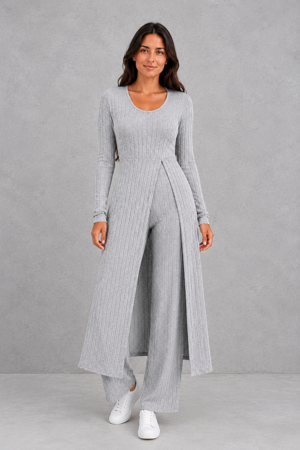 Women’s ribbed two-piece lounge set featuring a fitted long-sleeve top with a flowing longline overlay and matching high-waisted leggings.