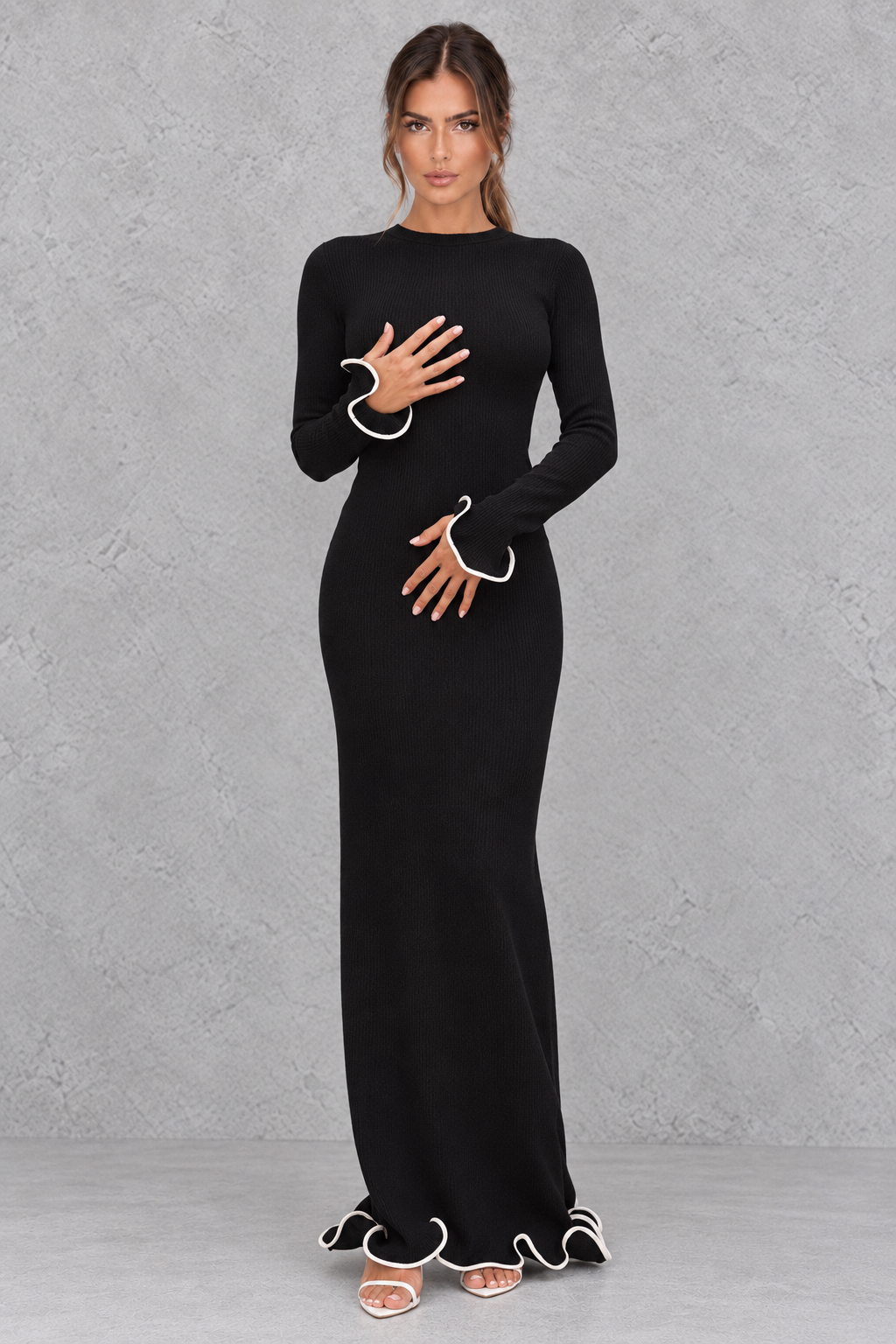 Women's Ruffle Backless Knit Maxi Evening Dress - Formal & Holiday