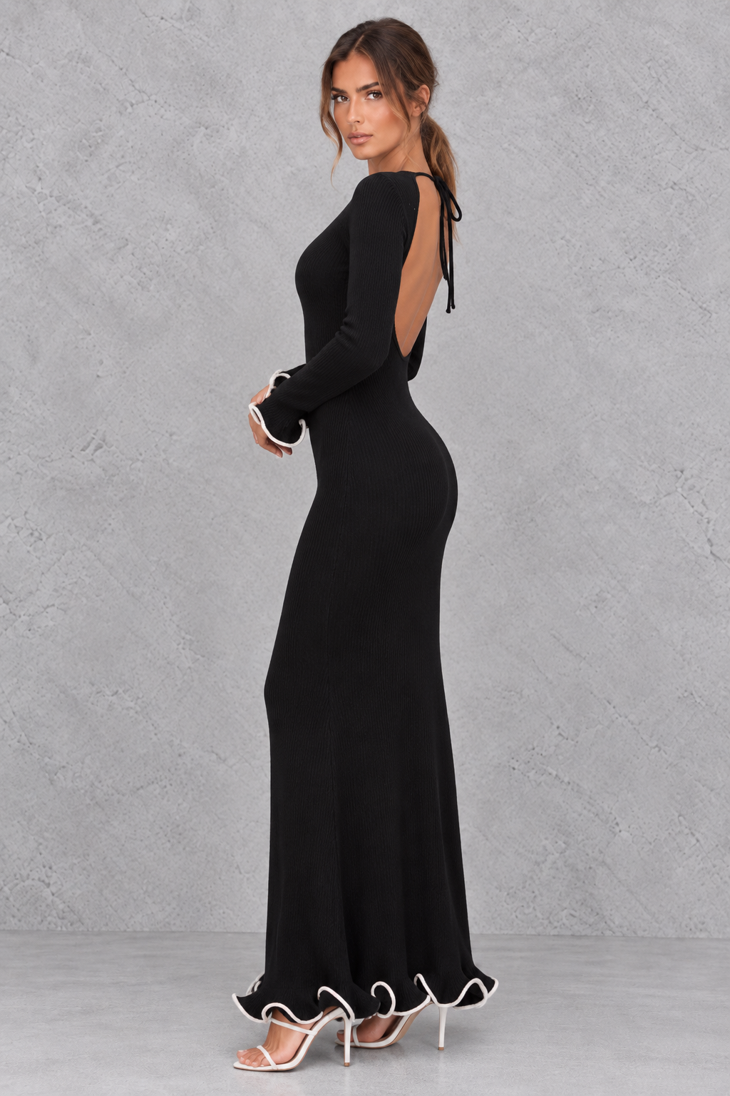 Women's Ruffle Backless Knit Maxi Evening Dress - Formal & Holiday