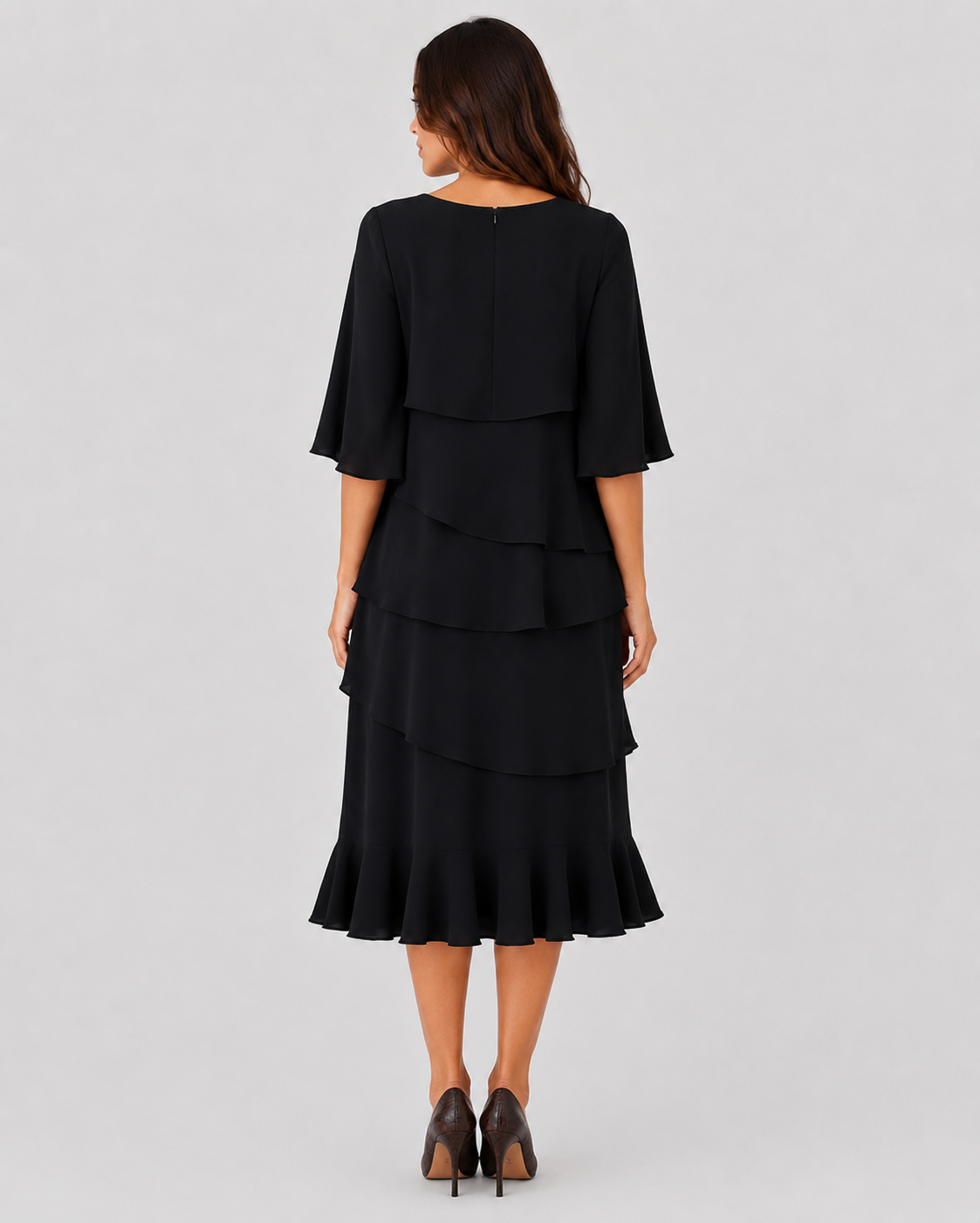 Women's ruffle casual midi dress featuring a flattering A-line silhouette, soft ruffle details, and lightweight cotton-blend fabric for comfortable everyday wear.